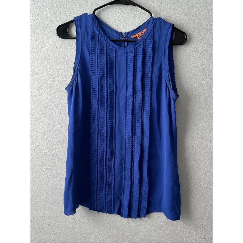 Tory Burch Silk Ruffle Sleeveless Blouse Royal Blue Boho Luxe Top Size 6